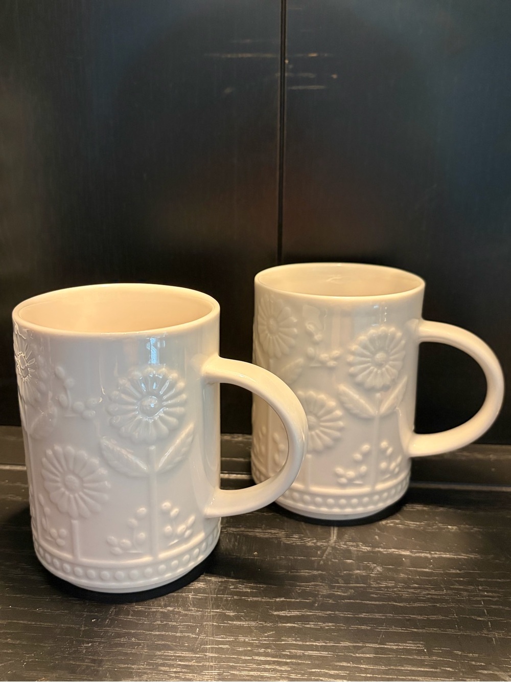 Two Starbucks 12 oz ceramic mugs with embossed daisy or sunflower floral design - Picture 2 of 14